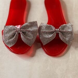 Red Slide Sandals with Silver Bow